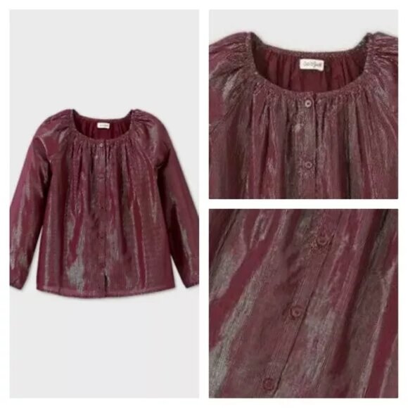 Cat & Jack Girls Burgundy Long Sleeve Button-Front Shine Blouse V-ARIOUS SIZES - Picture 3 of 5